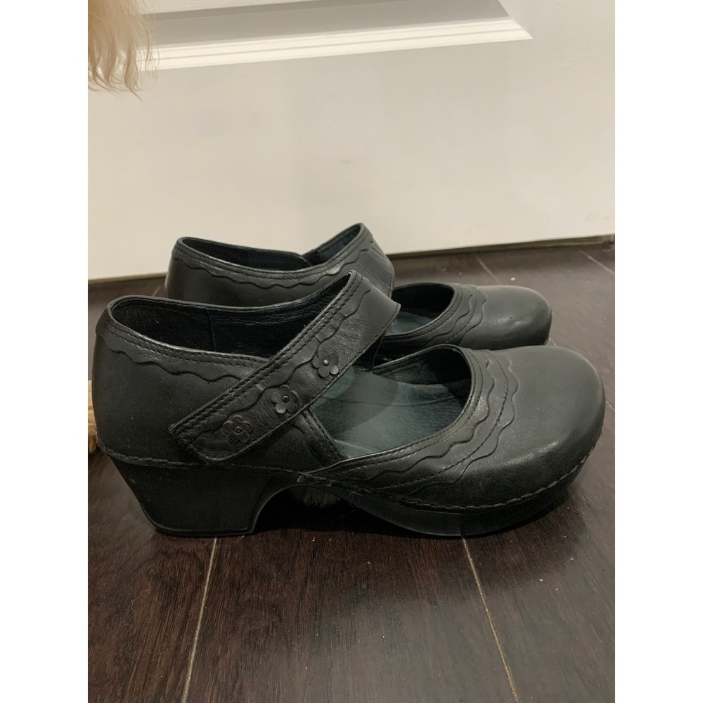 Dansko Black Leather Scalloped Mary Jane Clogs Shoes Size 40